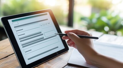 Closeup of Hand Filling Out Digital Form on Tablet
