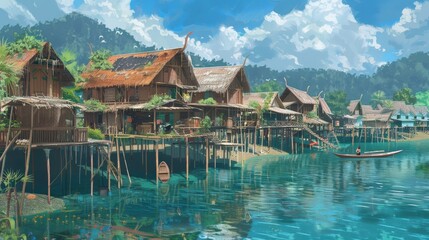 Fototapeta premium An illustrated traditional Thai fishing village with stilt houses above the water