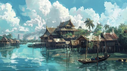 Obraz premium An illustrated traditional Thai fishing village with stilt houses above the water