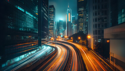 Naklejka premium A bustling city at night, with skyscrapers illuminated and traffic creating streaks of light