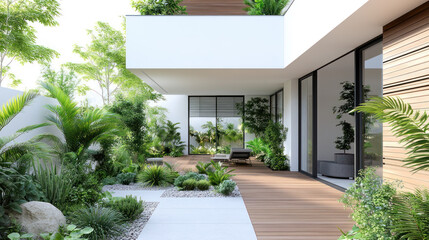 Fototapeta premium A modern minimalist courtyard design with lush greenery and white gravel