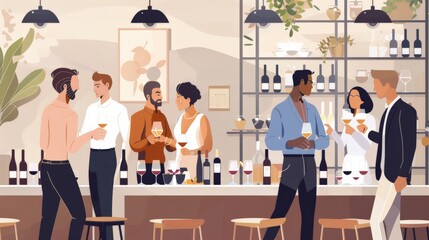 Obraz premium An illustrated scene of a wine tasting event with experts sampling various wines