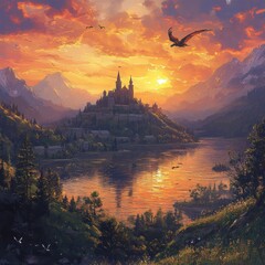 Fototapeta premium Majestic Medieval Castle on Mountaintop at Sunset with Dragon Flying