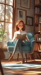 A young woman sits in a blue armchair by a window, reading a book.