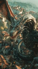 Fototapeta premium Ancient Greek mythology, Ladon, a giant multi-headed dragon within a town, cinematic lighting.
