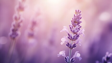 Naklejka premium A single lavender flower in a field of lavender blossoms at sunset.