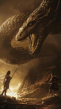 Ancient Greek mythology, Python, a gigantic serpent facing tiny Greek warriors, cinematic lighting.