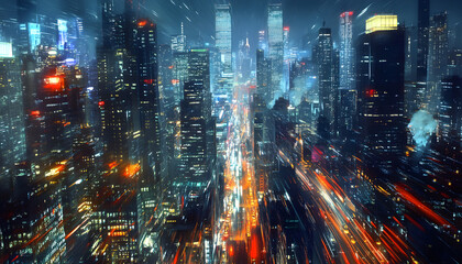 Fototapeta premium A bustling city at night, with skyscrapers illuminated and traffic creating streaks of light