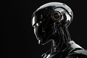 modern future robot, close up of robot head with black background, with space area for text, for technology needs, ai