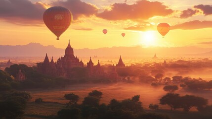 Hot Air Balloons Soaring Over Ancient Temples at Sunrise