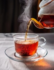 Cup of tea with a teapot on a dark background