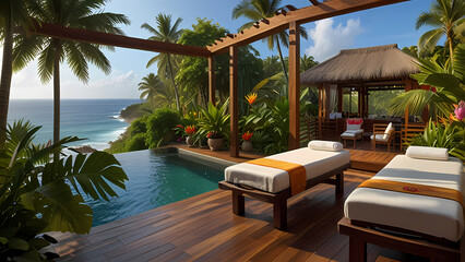 Fototapeta premium tropical beauty spa set in a lush jungle, with wooden walkways leading to private massage huts
