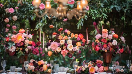 Fototapeta premium Romance and elegance with a stunning floral arch placed in front of the backdrop and dining table. To create a focal point for celebrating love.