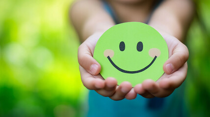 Celebrating World Smile Day with a cheerful green smiley face in a sunny outdoor setting