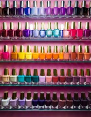 Colorful nail polishes on the shelves in the nail salon.