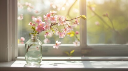 Delicate Pink Cherry Blossoms in a Glass Vase on a Windowsill