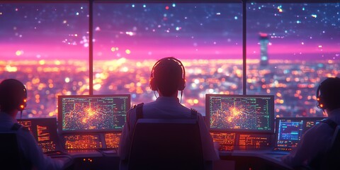 Air traffic controller in control tower overlooking city lights at night.
