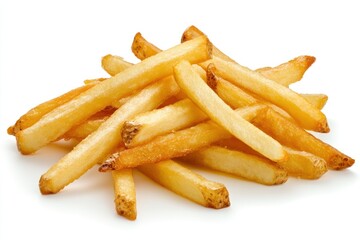 A handful of French fries, isolated on white, with sharp details of their crispy edges
