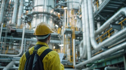 Fototapeta premium close-up of industrial pipes of oil refinery, back of engineer, technician, reading drawing, drawing, industrial engineering, blueprint, industrial background.