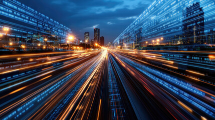 Obraz premium image showcases dynamic cityscape with vibrant light trails and digital data streams, symbolizing fast paced world of data analytics and technology