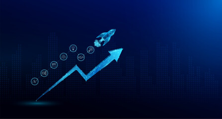 Digital spaceship rocket flies up into outer space and arrow with finance investment icons. Startup big idea creative launching product. Stock market growth expand. Business plan project. Vector.