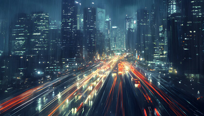 Fototapeta premium A bustling city at night, with skyscrapers illuminated and traffic creating streaks of light