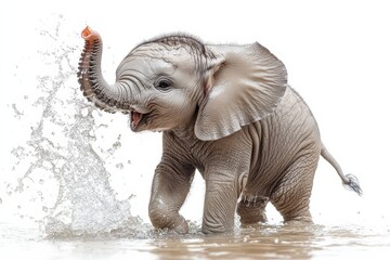 Fototapeta premium A baby elephant splashing in the water