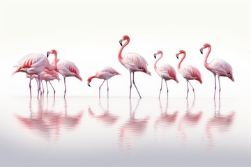 Obraz premium Group of flamingos standing in shallow water with reflections, capturing exotic wildlife ,Isolated on transparent background.