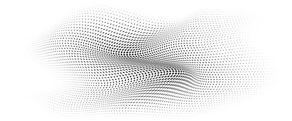 Flowing Wave Dot Halftone Pattern: Curve Gradient Shape on Transparent Background. Suitable for AI, Tech, Network, Digital, Science, and Technology Themes.