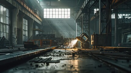 A Worker in heavy industrial engineering factory interior with worker using angle grinder and cutting metal photorealistic studio lighting.