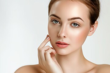 close up multi racial woman face, she gently touch her face,  with bright flawless skin, beauty cosmetic or skincare fashion portrait with copy space	