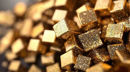 An intricate arrangement of gold cubes creates a mesmerizing abstract design, highlighting rich textures and a futuristic theme