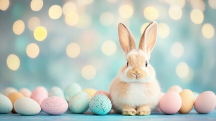 A delightful bunny sits calmly among a variety of pastel-colored eggs, creating a cheerful spring atmosphere
