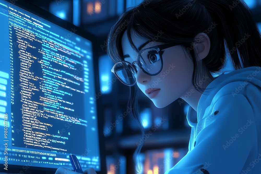 Poster anime girl programmer with glasses coding in front of a computer screen in a dark room.