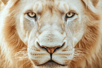 A closeup of a white lions face