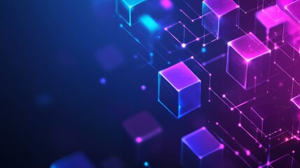 an Abstract Background with Dark Blue and Purple Colors, Featuring Geometric Shapes and Glowing Lines Representing Blockchain Technology 
