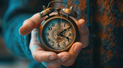 sets the alarm, male hand adjusting or changing the time on clock. vintage alarm clocks.