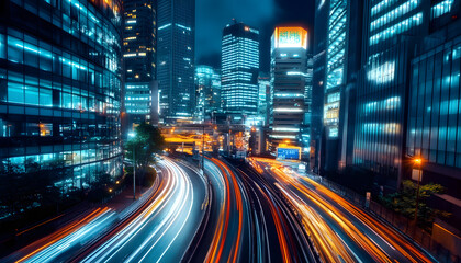 Fototapeta premium A bustling city at night, with skyscrapers illuminated and traffic creating streaks of light