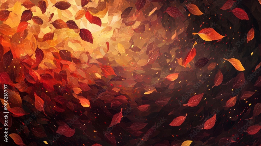 Poster A digital painting of falling leaves in shades of red, orange, and yellow against a dark background. There is a light source in the upper center of the image, creating a sense of depth and movement.