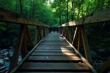 Fototapeta premium A wooden bridge in the middle of a forest, where shadowy figures lurk beneath its beams