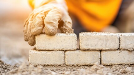 A construction worker skillfully places bricks to build a wall, focusing intently on the meticulous task at hand