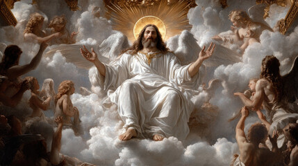 A divine figure seated on throne surrounded by clouds and celestial beings, radiating light and serenity. scene evokes sense of peace and reverence