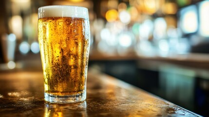 A freshly poured craft beer sits on a polished bar counter, showcasing its golden color and foamy head in a lively pub setting