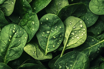 Fototapeta premium fresh green spinach leaves with water drops on them