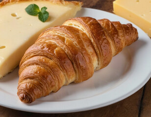 croissant, with cheese, fresh, soft, delicious, crispy, baked until golden brown, on a white plate, close-up