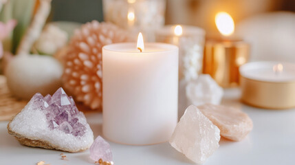 A serene spiritual altar featuring candles, crystals, and decorative elements creates calming atmosphere. soft glow of candles enhances tranquil setting, inviting reflection and peace