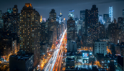 Fototapeta premium A bustling city at night, with skyscrapers illuminated and traffic creating streaks of light