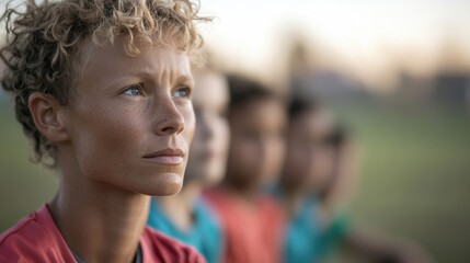 A coach attentively observes young athletes as they engage in training at a sports field, surrounded by teammates