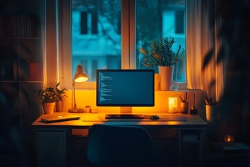 A cozy, illuminated workspace features a computer and plants, creating a serene atmosphere perfect for focus and creativity.