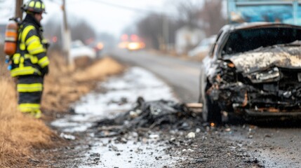 Naklejka premium A firefighter assists at the site of a car accident on a rainy day, tending to wreckage on a rural road
